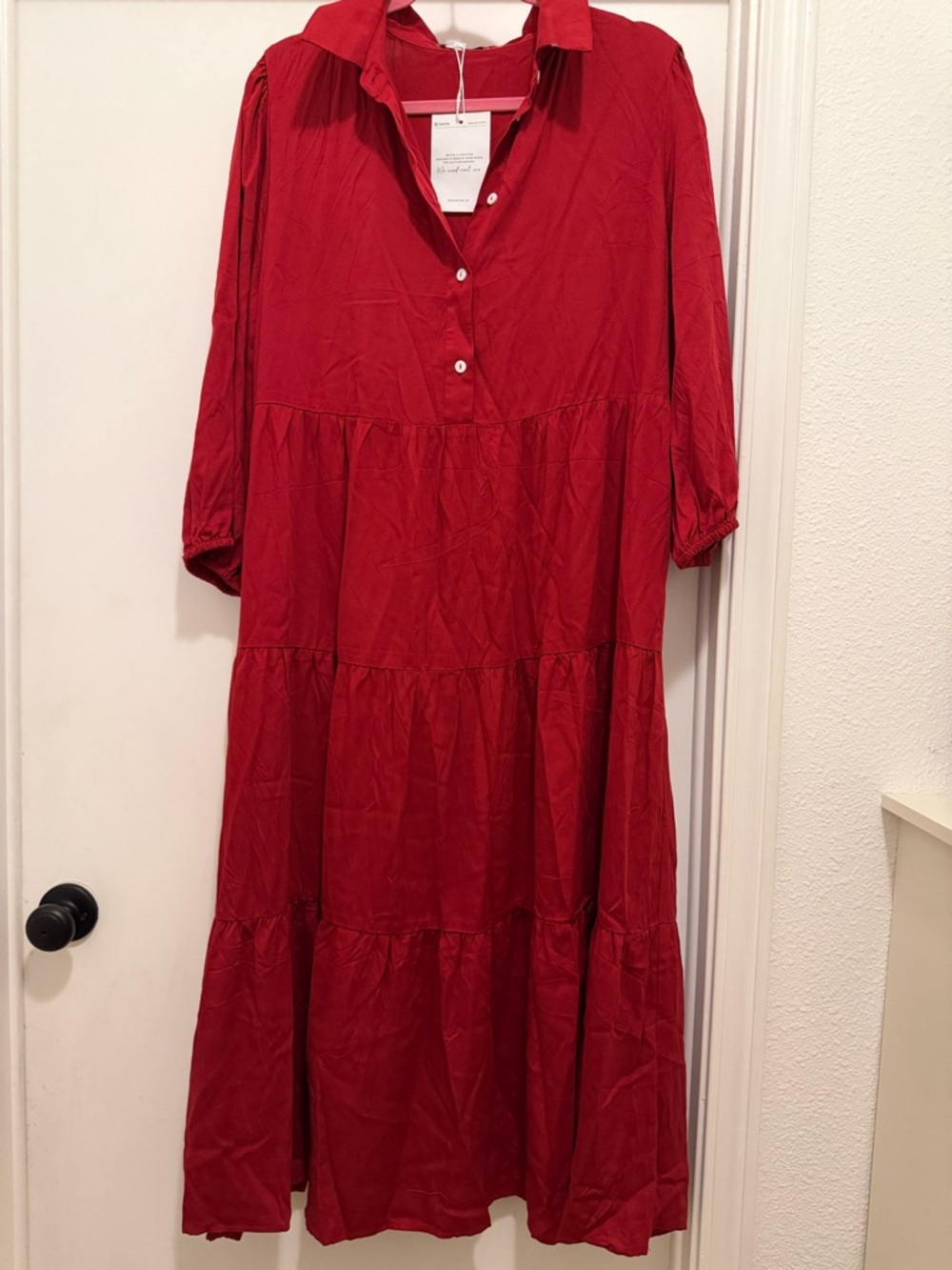 Red Tiered Shirt Dress - Women's Casual Collared Dress